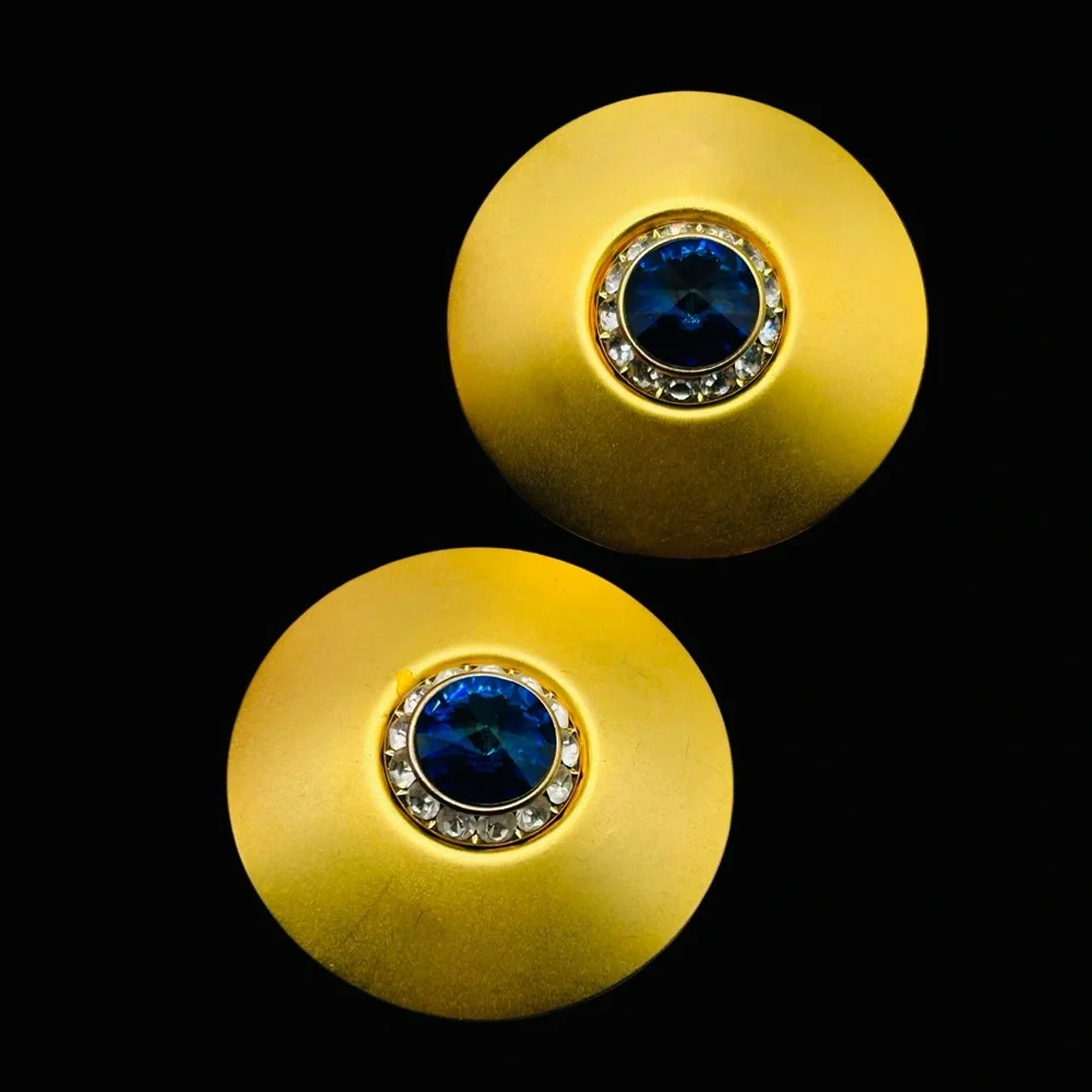 Amazing Huge Blue Rivoli Disk Earrings Matte Gold Tone